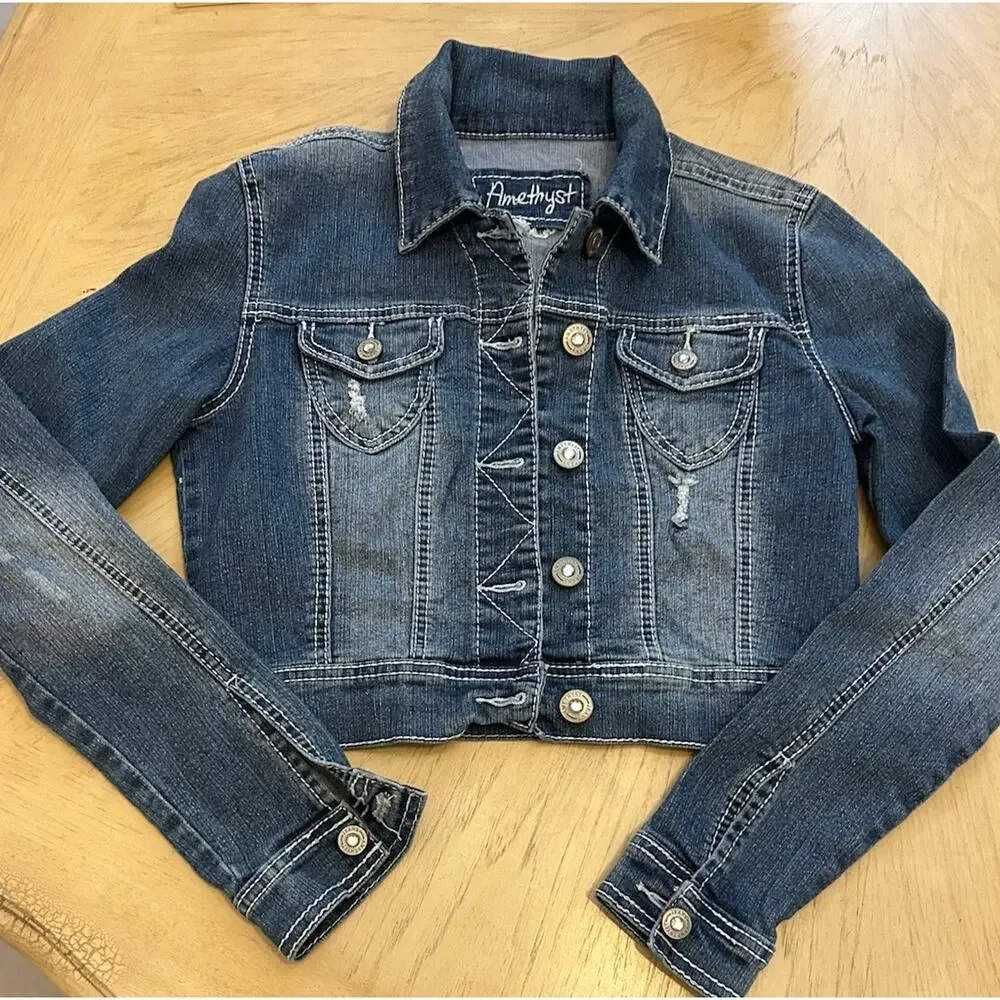 Y2K Cropped Jean Jacket Women's S Western Rhinestone Bling Sexy Hipster Country
